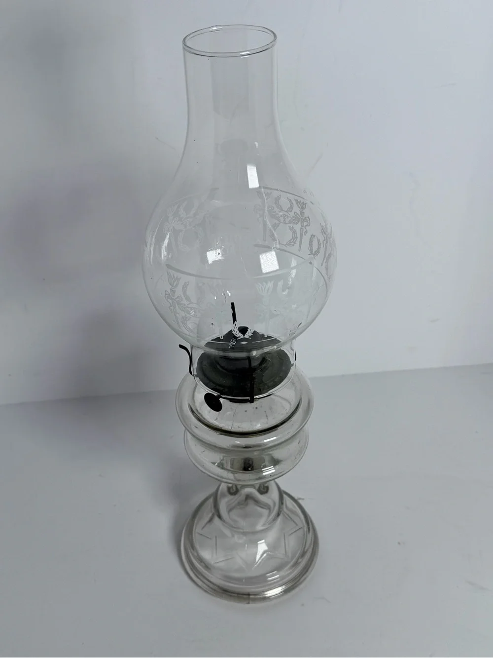 Vintage Clear Glass Pedestal Oil Lamp with Etched Chimney – 17